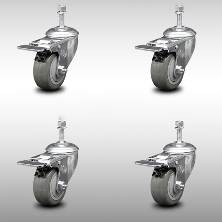 Service Caster 3.5 Inch SS Gray Polyurethane 10mm Threaded Stem Caster Set Total Lock Brake SCC-SSTSTTL20S3514-PPUB-M1015-4
